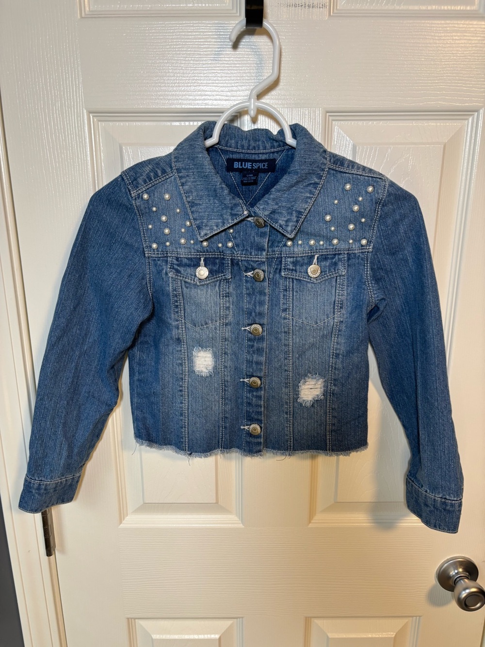 Girl’s pearl embellished denim jacket by Blue Spice-size large